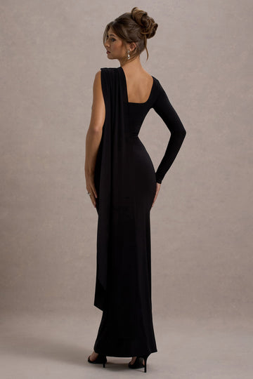 Ashini Black One-Sleeve Maxi Dress With Cape